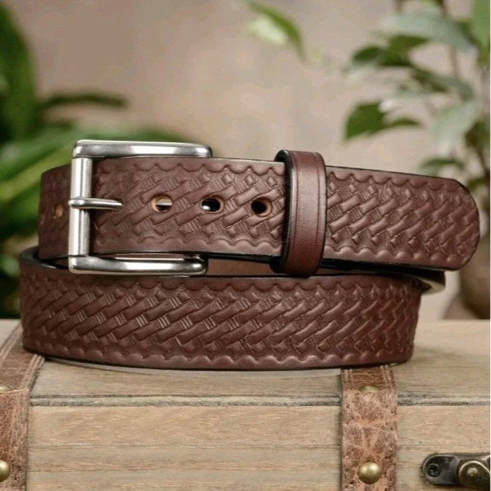 Genuine Leather Belt Sz 36 Silver Roller Buckle 1.5” US Woven Braid Design New